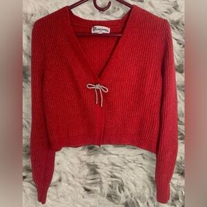 No Boundaries Red V-Neck Tie-Front Cropped Sweater